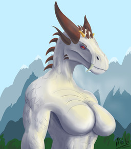 anthro big_breasts breasts fangs female horn nude nude_anthro nude_female red_eyes simple_background solo standing teeth nihilusart mythology dragon humanoid mythological_creature mythological_scalie scalie absurd_res hi_res