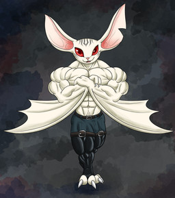 abstract_background anthro big_ears bottomwear clothed clothing crossed_arms leather leather_clothing leather_legwear legwear male membrane_(anatomy) membranous_wings muscular muscular_male pants red_eyes shortstack shortstack_male solo topless wings flameyverdantfire metaphor:_refantazio heismay_noctule bat eugief mammal hi_res