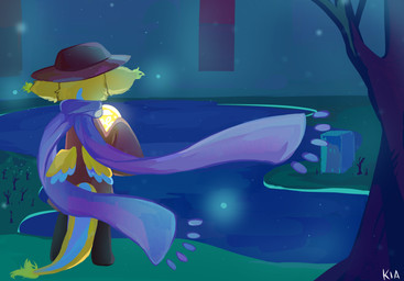 ambiguous_gender anthro building clothing cosplay detailed_background ear_tuft fur grass hat headgear headwear orb plant rear_view scarf solo tail tree tuft water wings basilbxun mythology oneshot dragon furred_dragon furred_scalie mythological_creature mythological_scalie scalie hi_res