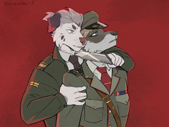 anthro brown_nose cheek_tuft clothed clothing duo facial_tuft female floppy_ears fully_clothed grey_eyes hair hat headgear headwear knife knife_to_throat military military_uniform necktie pink_nose red_background short_hair simple_background suit threatening threatening_with_weapon tie_bar tied_hair tuft uniform whiskers yellow_eyes volcanins henrika_kremers jadwiga_keller australian_shepherd canid canine canis domestic_dog herding_dog mammal pastoral_dog sheepdog 2025 colored_sketch hi_res sketch