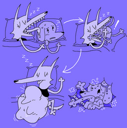abdominal_bulge anthro bed blep duo exclamation_point female female/female furniture internal larger_pred open_mouth oral_vore question_mark sharp_teeth size_difference sleep_eating sleeping sleeping_pred teeth tongue tongue_out unaware_pred unwilling_prey vore barvey dotty_(barvey) emma_(barvey) canid canine canis dachshund domestic_dog german_shepherd herding_dog hunting_dog mammal pastoral_dog 2026 digital_drawing_(artwork) digital_media_(artwork) english_description