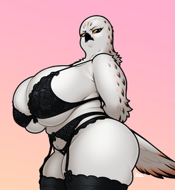 anthro beak big_breasts biped bra breasts clothed clothing eyelashes feathers female garter_belt garter_straps huge_breasts legwear looking_at_viewer low-angle_view mature_anthro mature_female non-mammal_breasts overweight overweight_anthro overweight_female panties pupils solo tail tail_feathers thick_thighs thigh_highs underwear white_body wide_hips blazbaros phoebe_(jezzlen) avian bird hi_res