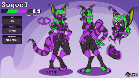 anthro black_body black_fur bracelet breasts clothed clothing collar digitigrade ear_piercing eyewear facial_piercing female front_view fur glasses green_hair gynomorph hair hand_on_hip intersex jewelry long_hair long_tail long_tongue markings medium_breasts medium_penis nipples nose_piercing nude nude_anthro pawpads piercing purple_eyes purple_markings rear_view septum_piercing simple_background slim smile smiling_at_viewer spiked_bracelet spiked_collar spikes striped_body striped_fur striped_markings striped_tail stripes tail tail_markings tapering_tail text tongue tongue_piercing drqube crux 16:9 absurd_res hi_res model_sheet portrait url widescreen