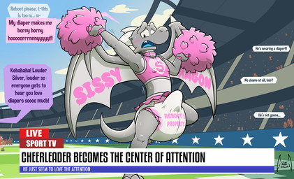 anthro big_diaper biped blue_tongue blush body_control bodypaint bottomwear bracelet bulge clean_diaper clothed clothing collar control_collar crop_top crossdressing crowd detailed_background dialogue diaper erection erection_in_diaper erection_under_clothing femboy grey_body grey_wings group heart_symbol horn humiliation jewelry live_broadcast male membrane_(anatomy) membranous_wings open_mouth pink_bottomwear pink_bracelet pink_clothing pink_collar pink_crop_top pink_shirt pink_skirt pink_topwear pom_poms shirt skirt solo_focus speech_bubble spiked_wings stadium text tongue topwear wearing_diaper wings soul-silver-dragon mythology soul-silver-dragon_(character) dragon mythological_creature mythological_scalie scalie 2025 digital_media_(artwork) english_text hi_res