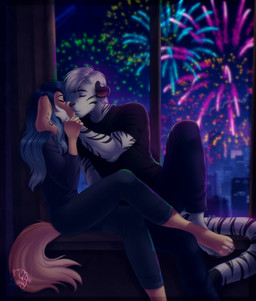 4_toes 5_fingers anthro anthro_on_anthro black_nose black_stripes blue_hair bottomwear claws clothed clothed_anthro clothed_female clothed_male clothing duo feet female finger_claws fingers fireworks fur hair hindpaw humanoid_hands husband_and_wife interspecies interspecies_romance intimate love male male/female married_couple night pants paws pink_nose romantic romantic_couple romantic_night shirt snout striped_body striped_fur stripes tail tan_body tan_fur text toes topwear white_body white_fur white_hair ariveil rick_(raynadkins) sasha_(ariveil) bird_dog canid canine canis domestic_dog felid hunting_dog mammal pantherine retriever tiger hi_res