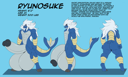 anthro armor balls big_balls big_penis blue_background blue_body blue_fur digitigrade erection flaccid fur genitals hair huge_balls huge_penis hyper hyper_balls hyper_genitalia hyper_penis long_hair male multicolored_body muscular muscular_anthro muscular_male nude_anthro nude_male penis pokemorph rear_view red_eyes side_view simple_background solo tail text two_tone_body white_hair conditional_dnp suirano nintendo pokemon generation_5_pokemon pokemon_(species) samurott english_text hi_res model_sheet