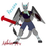 anthro armor bandage bandaged_leg blue_eyes blue_horn clothing female fluffy fluffy_ears fluffy_tail fur grey_body grey_fur horn melee_weapon red_sword shield shirt solo spikes sword t-shirt tail topwear warrior weapon wings aydaharart mythology roxana_(aydaharart) angel_dragon dragon mythological_creature mythological_scalie scalie absurd_res hi_res