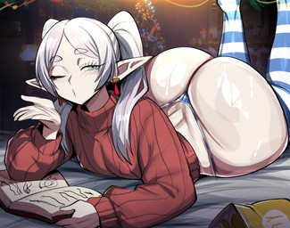 big_butt biped book butt clothed clothing eyelashes female green_eyes grey_hair hair huge_butt legwear looking_at_viewer lying not_furry on_front pigtails pupils red_clothing thick_thighs thong topwear underwear ykun frieren_beyond_journey's_end frieren elf humanoid absurd_res hi_res