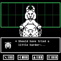 battle dialogue forced menu screen simple_background solo teasing text unwilling_prey vore speedysnack_(artist) deltarune undertale undertale_(series) asriel_dreemurr bovid caprine goat mammal 1:1 black_and_white digital_media_(artwork) english_text low_res monochrome pixel_(artwork)