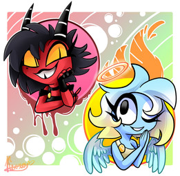 back_wings black_hair blue_body blue_feathers blue_hair blue_skin border clothing duo eye_contact feathered_wings feathers female fingerless_gloves gloves hair halo hands_together handwear horn looking_at_another markings mole_(marking) one_eye_closed praying pupils red_body red_skin slit_pupils smile text white_border white_hair wings img_wolf hellaverse helluva_boss millie_(helluva_boss) angel angel_humanoid demon demon_humanoid humanoid imp colored cyrillic_text hi_res signature