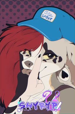 anthro baseball_cap black_eyeliner black_markings blue_cap brown_eyes close-up clothed clothing dots ear_piercing ear_ring eyelashes eyeliner facial_markings female finger_to_mouth fur gesture grey_body grey_fur hair hat head_markings headgear headwear jewelry long_hair makeup markings piercing purple_background red_hair ring_piercing shirt shush simple_background solo tan_body tan_fur tank_top text topwear white_body white_fur shyryp shyryp_(character) canid canine canis domestic_dog hybrid mammal absurd_res digital_media_(artwork) english_text halftone hi_res portrait signature