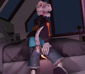 anthro anus aroused bed bodily_fluids bone butt clothing furniture genital_fluids genitals glowing glowing_eyes glowing_genitalia male on_bed penis precum presenting presenting_hindquarters skeleton skull skull_head solo tapering_penis tongue tongue_out torn_clothing waller_bish epic_games fortnite gnarly_charlie animated_skeleton dinosaur prehistoric_species reptile scalie undead hi_res