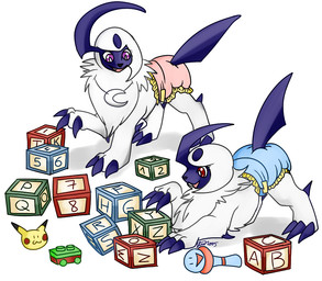 ageplay block claws clothing diaper duo female feral fur horn infantilism jewelry necklace open_mouth red_eyes roleplay simple_background smile toy white_body white_fur nelsonnoir nintendo pokemon absol generation_1_pokemon generation_3_pokemon mammal pikachu pokemon_(species)