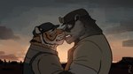 anthro clothing duo hat headgear headwear kissing male male/male shirt stripes suspenders tongue tongue_out topwear 3000vnd echo_(series) echo_project the_smoke_room feng_yaolin nikolai_krol badger felid mammal mustelid musteline pantherine tiger 16:9 hi_res widescreen