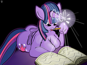 anthro black_background book breasts cutie_mark exposed_breasts female horn light_source long_tail looking_down magic nude pencil_(object) purple_body purple_eyes reading scribbles simple_background slightly_chubby slightly_chubby_female solo tail wide_hips wings amespinkinson friendship_is_magic hasbro my_little_pony mythology twilight_sparkle_(mlp) equid equine mammal mythological_creature mythological_equine winged_unicorn 4:3 hi_res