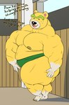 anthro belly black_nose eyes_closed humanoid_hands inside male moobs musclegut muscular nipples overweight overweight_male solo sumo text yellow_body pearypanda animal_crossing nintendo nate_(animal_crossing) bear mammal 2021 absurd_res english_text hi_res