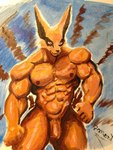 9_tails abs anthro barazoku biceps flaccid fur genitals male multi_tail muscular muscular_anthro muscular_male nipples nude orange_body orange_fur pecs penis red_eyes simple_background solo tail pinumontbalou naruto kurama canid canine canis demon fox mammal 3:4 acrylic_painting_(artwork) hi_res