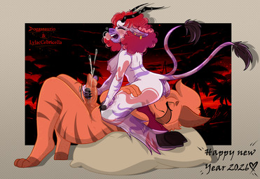 ambiguous_fluids animal_genitalia animal_penis animal_vulva anthro anus bodily_fluids canine_genitalia canine_penis cum cum_inside duo ejaculation equine_genitalia equine_vulva eyes_closed facesitting female fur genital_fluids genitals handjob holidays horn intersex intersex/female male male/female markings moan multi_tail nipples oral penile penis pillow precum puffy_anus resting sex sitting_on_another smile striped_body striped_fur striped_markings stripes sucking tail vulva doggasaurio lylaccebricella new_year new_year_2026 dogga asinus canid canine canis demon donkey equid equine horse hybrid mammal wolf artist_collaboration