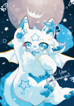 4_ears 4_fingers 4_toes blue_body blue_fur cheek_tuft chest_tuft facial_tuft feet feral fingers fur inner_ear_fluff looking_at_viewer male moon multi_ear pawpads paws simple_background sky solo star starry_sky toes tuft white_body white_eyes white_fur hanabusa mythology hoshi_(straviios) dragon furred_dragon furred_scalie mythological_creature mythological_scalie scalie