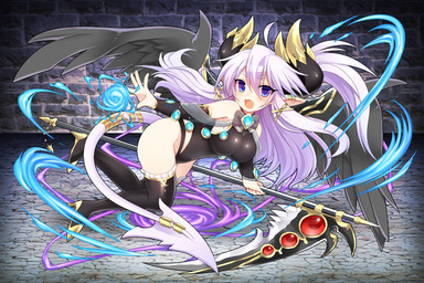 black_wings blue_eyes blush breasts clothing cute_fangs ear_piercing ear_ring fangs feathered_wings feathers female horn humanoid_pointy_ears looking_at_viewer melee_weapon not_furry open_mouth piercing pointy_ears polearm ring_piercing scythe smile solo tail teeth weapon white_tail wings mofuaki humanoid winged_humanoid 2015 3:2
