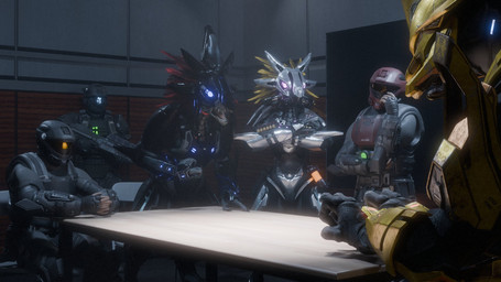 3_fingers 4_fingers anthro armor assault_rifle avian_caruncle blue_eyes crossed_arms explosives face_covered faceless_character faceless_human feather_hair feathered_crest feathers female female_anthro fingers fist full_armor gas_mask glowing glowing_eyes grenade grey_body grey_scales group gun head_crest headgear helmet incendiary_grenade interrogation interrogation_room light_body light_skin male male_anthro mandibles mask pink_eyes pseudo_hair ranged_weapon red_body red_feathers rifle scales sharp_teeth shell_(projectile) shotgun_shell sitting standing teeth unsc weapon yellow_body yellow_feathers synca pickle_juice_(modeler) halo_(series) microsoft xbox_game_studios blackwatch syn_cah alien human kig-yar mammal sangheili scalie t'vaoan 16:9 3d_(artwork) colored digital_media_(artwork) hi_res widescreen