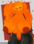 absurd_res amber_(flam3s) big_breasts bra breasts clothing elemental_creature elemental_humanoid embarrassed female fire flam3s hi_res huge_breasts humanoid nipples not_furry puffy_nipples sports_bra sportswear thick_thighs topwear torn_clothing torn_topwear underwear