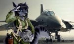 aircraft aircraft_carrier airplane anthro armor black_hair blue_eyes female flight_suit fur gesture grey_body grey_fur gun hair handgun headgear helmet holding_object holster jet markings military outside pilot ranged_weapon revolver salute solo striped_markings striped_tail stripes tail tail_markings vehicle weapon snaketeeth12 f-14 lilith_(jl2154) canid canine canis f-14_tomcat mammal wolf 5:3