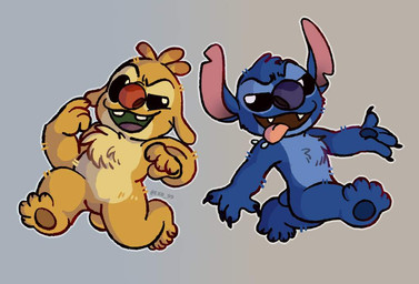 4_fingers 4_toes ambiguous_gender antennae_(anatomy) anthro biped black_eyes blue_body blue_fur blue_nose blue_pawpads bodily_fluids buckteeth chest_tuft claws cute_fangs dipstick_antennae duo eyebrows fangs featureless_crotch feet finger_claws fingers fur gradient_background green_mouth head_tuft looking_aside multicolored_antennae notched_ear outline pawpads pink_tongue pupils purple_tongue raised_eyebrow red_nose saliva simple_background small_tail tail teeth toes tongue tongue_out tuft white_pupils yellow_body yellow_fur spacegaylien disney lilo_and_stitch reuben_(lilo_and_stitch) stitch_(lilo_and_stitch) alien experiment_(lilo_and_stitch) 2023 cel_shading digital_drawing_(artwork) digital_media_(artwork) shaded watermark male_(lore)