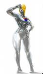 bodily_fluids breasts clothing female grey_body grey_skin hand_on_hip headgear headwear not_furry open_mouth simple_background solo standing sweat white_background yellow_clothing yellow_headwear 日々夜 pepsi pepsiman_(character) pepsiwoman_(character) humanoid