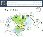 anthro ask_blog bath blue_eyes bubble faucet green_body green_skin holding_object male reflection rubber_duck smile solo text slippy_o'donnell nintendo star_fox tumblr slippy_toad amphibian frog english_text