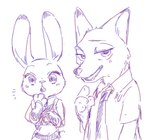 anthro clothed clothing duo female fur male necktie shirt simple_background topwear white_background chu_twst disney zootopia judy_hopps nick_wilde canid canine fox lagomorph leporid mammal rabbit red_fox true_fox 2020 sketch