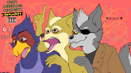 anthro beak blood bodily_fluids clothed clothing eye_patch eyewear male nosebleed parody pink_sclera shirt tank_top topless topwear fredryk_phox nintendo star_fox falco_lombardi fox_mccloud wolf_o'donnell avian bird canid canine canis fox galliform mammal phasianid wolf 16:9 2015 digital_media_(artwork) widescreen