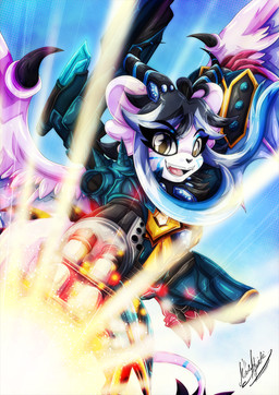 3_toes aiming_at_viewer aiming_weapon amber_eyes anthro armor black_body black_fur black_hair blue_hair blue_markings claws cosplay fangs feet female fur gatling_gun gem gun gun_arm hair horn machine_gun markings midair minigun multicolored_hair muzzle_flash neck_tuft open_mouth ranged_weapon round_ears shooting_gun shoulder_cannon shoulder_missiles solo teeth toe_claws toes tongue tuft two_tone_hair weapon weapon_arm white_body wings yukariasano bandai_namco digimon velatis_ferio_caedo digimon_(species) metalgarurumon_x unknown_species x-digimon 2026 hi_res signature
