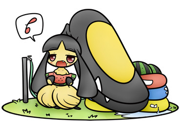 ambiguous_gender black_hair blush eating food fruit hair hair_mouth holding_food holding_object hose looking_at_viewer melon not_furry open_mouth plant red_eyes solo teeth water watermelon watermelon_slice concave_(artist) nintendo pokemon generation_3_pokemon humanoid mawile pokemon_(species)