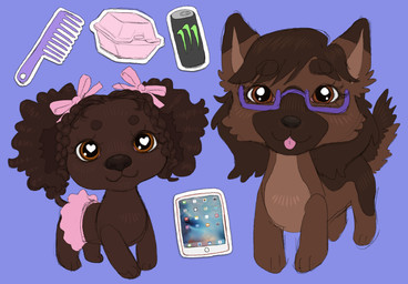 accessory bottomwear bow_ribbon brown_body brown_fur brush child_grooming clothing comb_(brush) duo eyewear female feral fur glasses hair_accessory hair_bow hair_ribbon hairbrush ribbons skirt tablet_computer takeout_box toy young breadbitch420 apple_inc. hasbro ipad littlest_pet_shop monster_energy katie_(breadbitch420) phoebe_(breadbitch420) canid canine canis domestic_dog german_shepherd herding_dog mammal pastoral_dog poodle hi_res