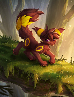 big_ears blep brown_body brown_fur brown_hair claws female feral fluffy fluffy_tail fur grass hair moss pawpads plant purple_eyes raised_arm raised_leg short_hair smile solo tail tongue tongue_out tree walking yellow_body yellow_fur joeumbre nintendo pokemon fan_character rita_(joeumbre) canid canine eeveelution generation_2_pokemon mammal pokemon_(species) umbreon absurd_res hi_res