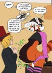 anthro beanie bedroom_eyes belly belly_grab big_belly black_beanie black_clothing black_hat black_headwear blonde_hair blue_eyes bodily_fluids bottomwear bulge burping clothing crop_top digestion_noises drooling duo eyelashes femboy green_eyes hair hat headgear headwear huge_belly imminent_vore legwear long_eyelashes male narrowed_eyes nervous pink_bottomwear pink_clothing pink_shorts saliva seductive shirt shorts stuffing suit teasing thigh_highs threatening_vore topwear vore white_hair tsavo ailurid human mammal red_panda comic hi_res