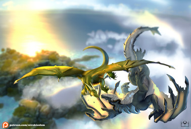 blue_eyes cloud cloudy_sky duo_focus eyes_closed female female_feral feral flying group horn landscape_background male male_feral membrane_(anatomy) membranous_wings plated_scales sky smile smiling_at_another text touching_face wings errokioslem mythology dragon mythological_creature mythological_scalie scalie hi_res url