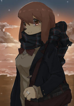 3_fingers anthro beach biped blue_clothing blue_jacket blue_topwear bodily_fluids bow_tie breasts brown_body brown_fur brown_hair button_(fastener) clothing cloud crying female fingers floppy_ears fur hair jacket jewelry looking_at_viewer lop_ears red_eyes ring scarf school_uniform sea seaside shoulder_bag solo star sunset sweater sweater_vest tears topwear twilight uniform vest water xiao_lijun canid canine canis domestic_dog mammal hi_res
