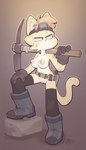 anthro band-aid bandage belt boots boots_only clothing eyewear female footwear footwear_only gloves goggles handwear looking_at_another mostly_nude nude pickaxe shoes socks solo choecoga domestic_cat felid feline felis humanoid mammal absurd_res hi_res