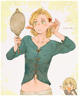 abstract_background accessory bent_arm biped blonde_hair border bottomwear bow_ribbon breasts checking_out_self chibi clothed clothing collarbone dialogue duo female front_view gaping_mouth gesture green_eyes grey_clothing grey_shirt grey_topwear hair hair_accessory hair_bow hair_ribbon hand_gesture hand_mirror hand_on_ear holding_object humanoid_pointy_ears light_body long_torso looking_at_object looking_at_viewer midriff mirror open_mouth pants pointing pointing_at_another pointy_ears red_bow ribbons shirt short_hair simple_background small_breasts standing straight_hair teal_clothing teal_shirt teal_topwear teeth text tied_shirt topwear unsure white_border yellow_background yellow_eyes aidenr0 mavel delicious_in_dungeon falin_touden marcille_donato elf human humanoid mammal 2025 absurd_res english_text half-length_portrait hatching_(art) hi_res line_art marker_(artwork) portrait shaded traditional_media_(artwork)