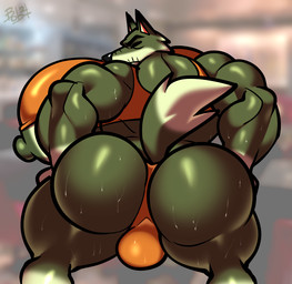 anthro areola barely_contained big_butt big_muscles big_pecs bodily_fluids bulge butt clothing crop_top eyebrows fur green_body green_fur hands_on_legs hands_on_thighs huge_butt huge_muscles huge_pecs hyper hyper_muscles hyper_pecs inside looking_at_viewer looking_back male mature_anthro mature_male multicolored_body multicolored_fur muscular muscular_anthro muscular_male nipples orange_clothing orange_crop_top orange_shirt orange_thong orange_topwear orange_underwear pecs presenting presenting_hindquarters restaurant shirt solo standing sweat sweaty_back sweaty_butt thong topwear two_tone_body two_tone_fur underwear bobthetanuki animal_crossing himbo_hooters nintendo dobie_(animal_crossing) canid canine canis mammal wolf 2021 signature