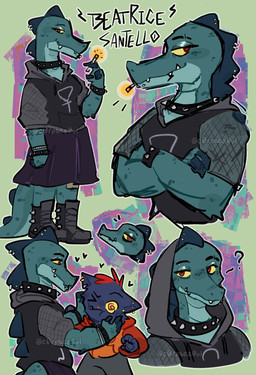 ankh anthro bandage blue_body blue_fur boots bottomwear bracelet breasts cigarette clothing collar duo ear_piercing eyebrow_piercing facial_piercing female footwear fur hair hoodie jewelry lip_piercing non-mammal_breasts piercing pseudo_hair question_mark red_hair shoes skirt small_breasts snout spiked_boots spiked_bracelet spiked_clothing spiked_collar spiked_footwear spikes tail teeth text topwear c0rpses0ul night_in_the_woods bea_santello mae_borowski crocodile crocodilian domestic_cat felid feline felis mammal reptile scalie 2025 hi_res model_sheet watermark