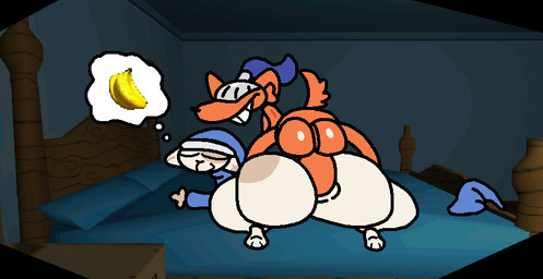 ambiguous_gender ambiguous_penetration anal anal_penetration anthro anus armor ball_slap balls banana bed bedroom big_balls big_butt big_penis blue_clothing blue_robe butt clothing dream duo food fruit furniture genitals glistening glistening_balls glistening_genitalia headgear headgear_only helmet helmet_only huge_butt looking_at_another looking_at_partner looking_pleasured male male/ambiguous markings multicolored_body nude on_bed on_top orange_body penetration penis plant robe screencap screencap_background sex slap sleeping smile spots spotted_markings tail teeth thick_thighs thought_bubble x_anus nxyitn cleo_(nxyitn) reynard_(nxyitn) canid canine felid feline fox mammal 2d_animation aliasing animated digital_media_(artwork) loop seamless_loop short_playtime