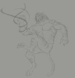 action_pose anthro claws finger_claws fur magic_user male male_anthro markings nude open_mouth pawpads pose simple_background solo striped_arms striped_body striped_fur striped_legs striped_markings striped_tail stripes tail tail_markings toe_claws whiskers aduran felid mammal pantherine tiger absurd_res hi_res monochrome sketch