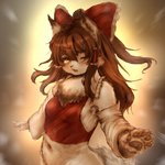 alternate_species blush breasts brown_hair chest_tuft clothing female hair navel one_eye_closed open_mouth pawpads ribbons shirt simple_background solo tank_top topwear tuft hawthorn touhou reimu_hakurei canid canine canis domestic_dog mammal 1:1 2020 hi_res