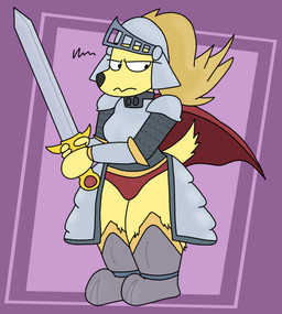 anthro armor black_nose blonde_hair boots breasts cape clothed clothing female footwear fur geometric_background hair headgear helmet hip_armor holding_melee_weapon holding_object holding_sword holding_weapon looking_aside melee_weapon ponytail purple_background red_cape red_clothing red_speedo red_swimwear shoes simple_background solo speedo standing swimwear sword tail thick_thighs topwear underwear weapon wide_hips yellow_body yellow_face yellow_fur yellow_hands yellow_legs yellow_tail rumcoat amelia_steelheart bird_dog canid canine canis domestic_dog golden_retriever hunting_dog mammal retriever absurd_res digital_media_(artwork) hi_res