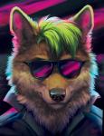 anthro black_nose clothing eyewear fur green_hair hair inner_ear_fluff looking_at_viewer male solo sunglasses tuft whiskers goldendruid dragov canid canine canis mammal wolf 2018 headshot_portrait portrait