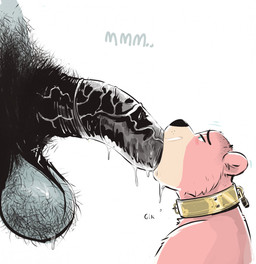 anthro balls big_balls big_penis blue_eyes bodily_fluids body_hair collar duo fur genital_fluids genitals grey_body grey_penis hairy_balls huge_balls huge_penis male male/male penis penis_in_mouth pink_body pink_fur pubes simple_background vein veiny_penis white_background dramamine bear elephant elephantid mammal proboscidean 2021 hi_res