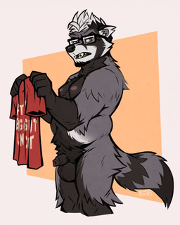 anthro arm_tuft balls big_balls black_body black_fur black_nose brown_eyes cheek_tuft clothing crotch_tuft ear_tuft eyewear facial_tuft flaccid foreskin fur genitals geometric_background glasses grey_body grey_fur hair hip_tuft holding_object leg_tuft male markings nipples orange_background penis pink_nipples rectangular_glasses sharp_teeth shirt simple_background snout solo striped_markings striped_tail stripes tail tail_markings teeth teeth_showing tight_foreskin topwear tuft white_body white_fur white_hair buyo_(artist) fat_tits_big_gut_uncut badger hybrid mammal mustelid musteline procyonid raccoon 2025 4:5 portrait three-quarter_portrait